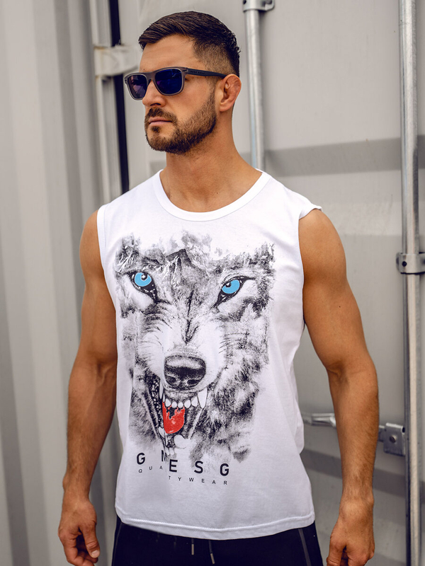 Biele pánske tank top tričko s potlačou Bolf 14824A