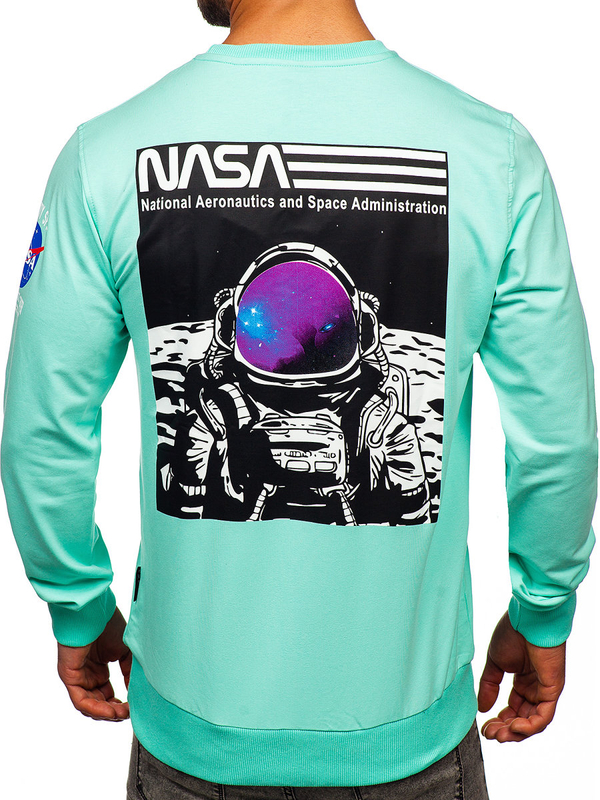 Mentolová pánska mikina bez kapucne s potlačou Bolf 6476