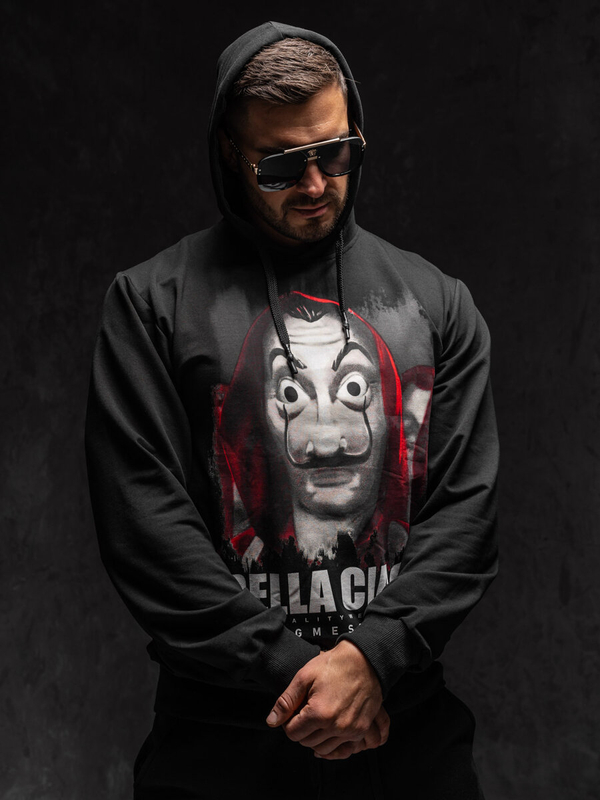 Čierna pánska mikina s kapucňou a potlačou Bolf 6140A1