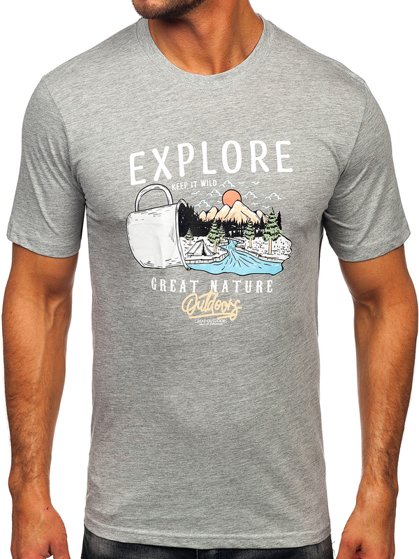 Sivé pánske bavlnené tričko s potlačou Bolf MPO3485