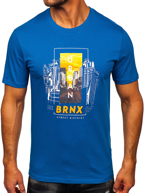 Modré pánske bavlnené tričko s potlačou Bolf MPO3452