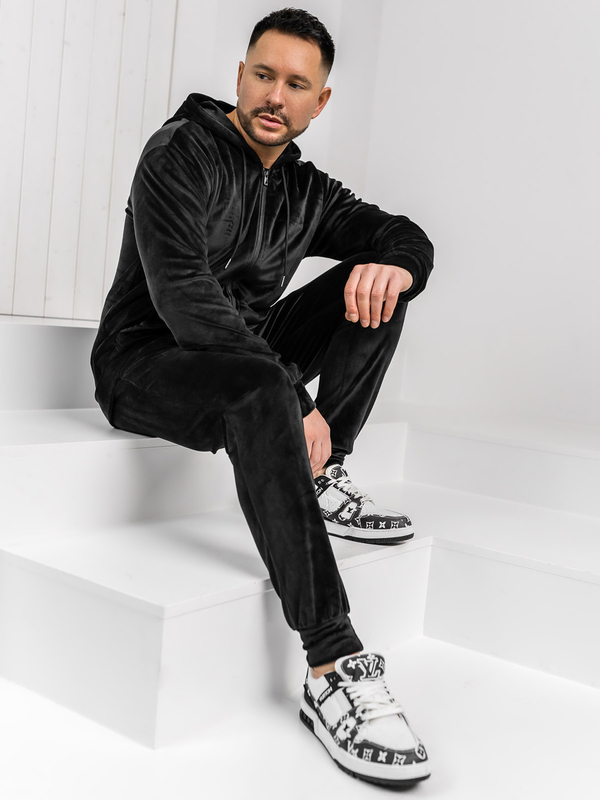 Čierna pánska velúrová tepláková súprava s kapucňou Bolf 8C1538