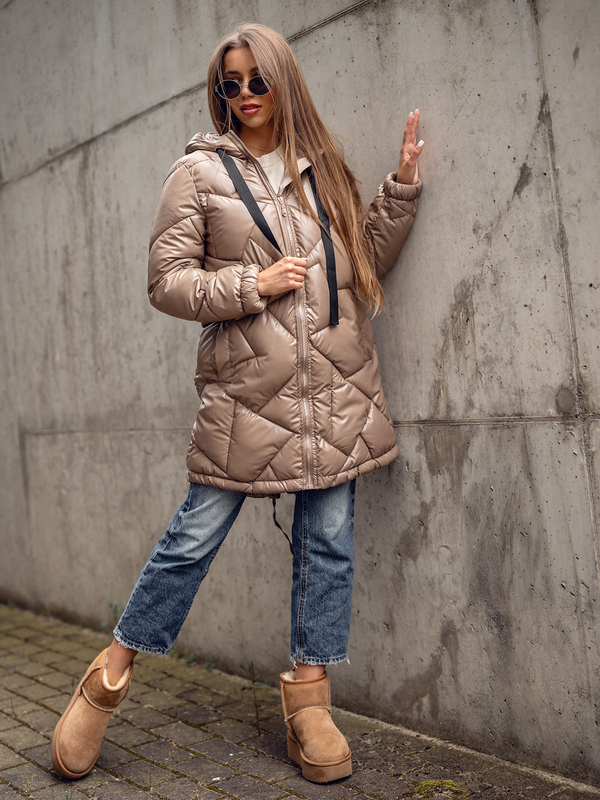 Dámska dlhá prešívaná zimná bunda / kabát s kapucňou vo farbe ťavej srsti Bolf 5M3189