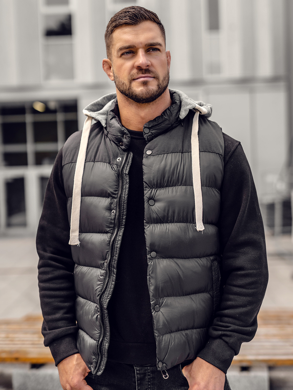 Čierna pánska prešívaná vesta s kapucňou Bolf 13078A