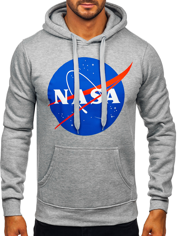 Sivá pánska mikina s kapucňou, potlačou a klokaním vreckom Bolf 14602