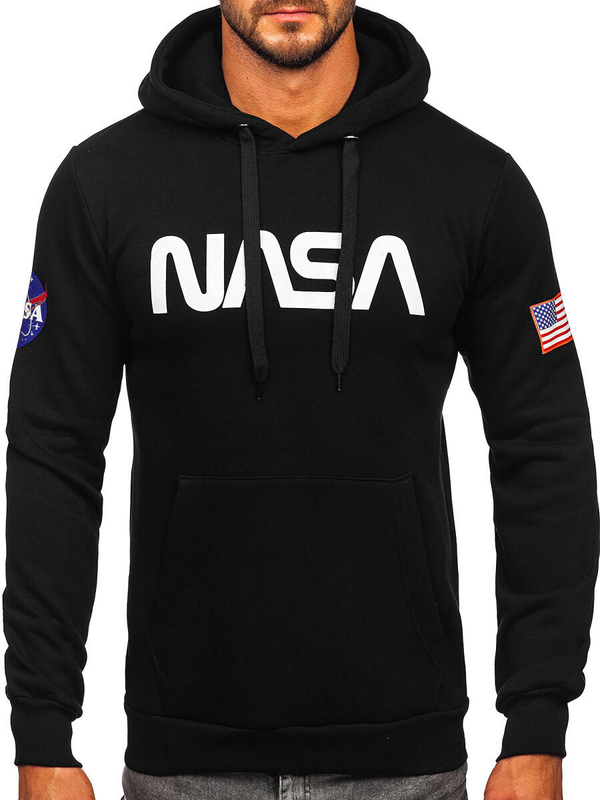 Čierna pánska mikina s kapucňou, potlačou a klokaním vreckom Bolf 14600