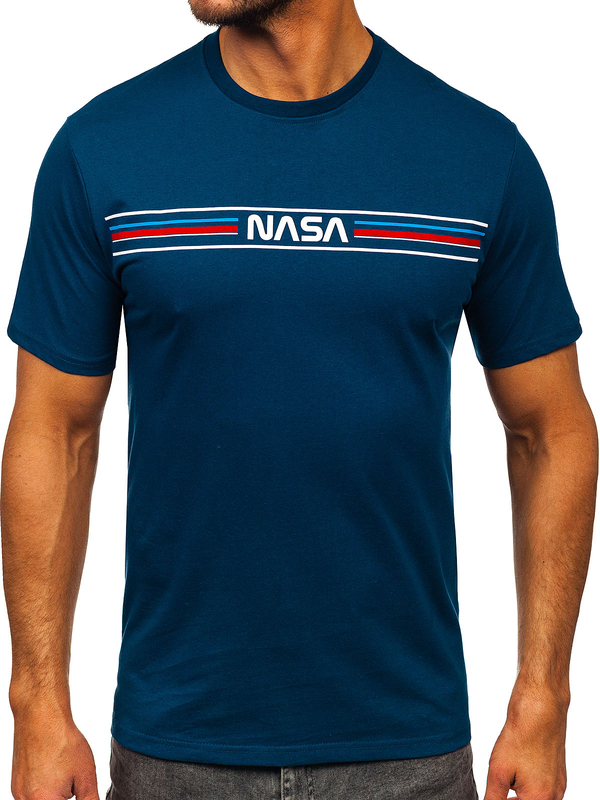 Námornícke modré pánske bavlnené tričko s potlačou Bolf 5052