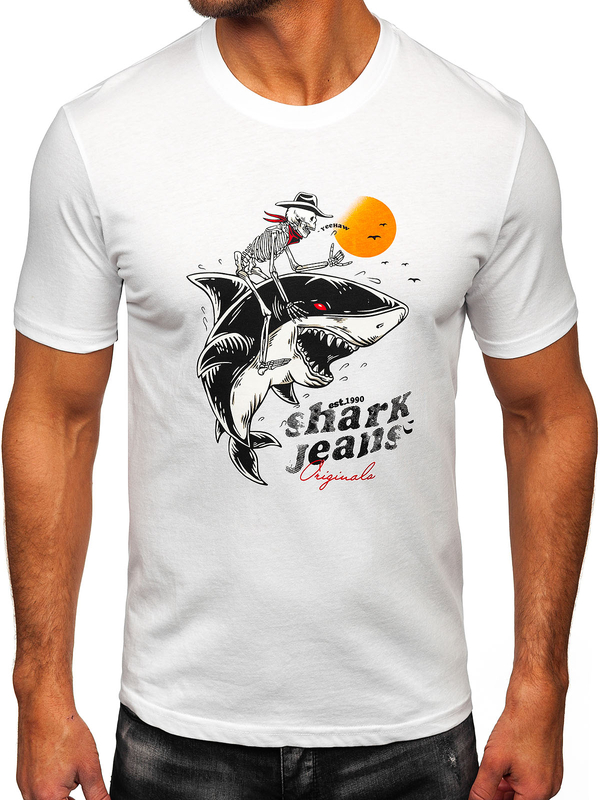 Biele pánske bavlnené tričko s potlačou Bolf MPO3502