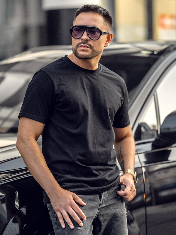 Čierne bavlnené pánske tričko bez potlače Bolf 14291A