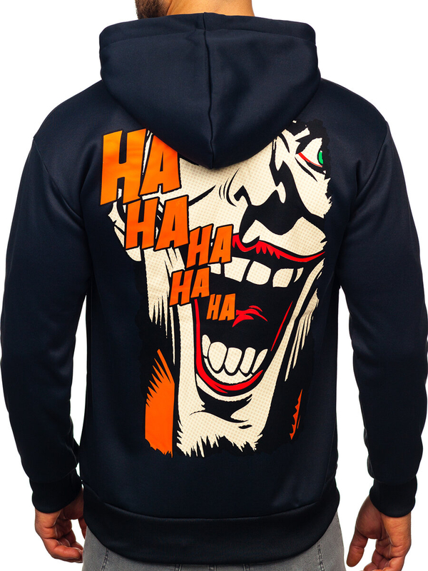 Tmavomodrá pánska mikina s kapucňou, potlačou a klokaním vreckom Bolf M286