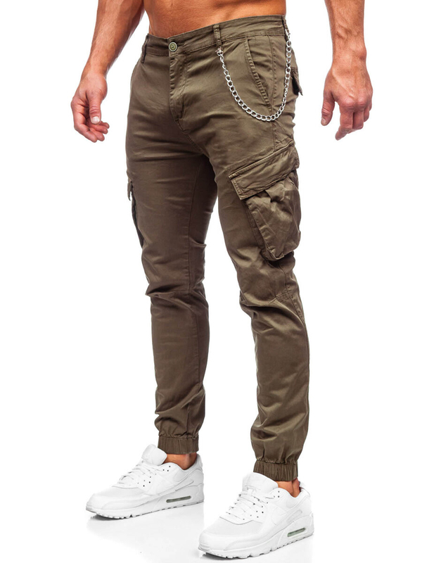 Khaki pánske látkové jogger nohavice s cargo vreckami Bolf SK850