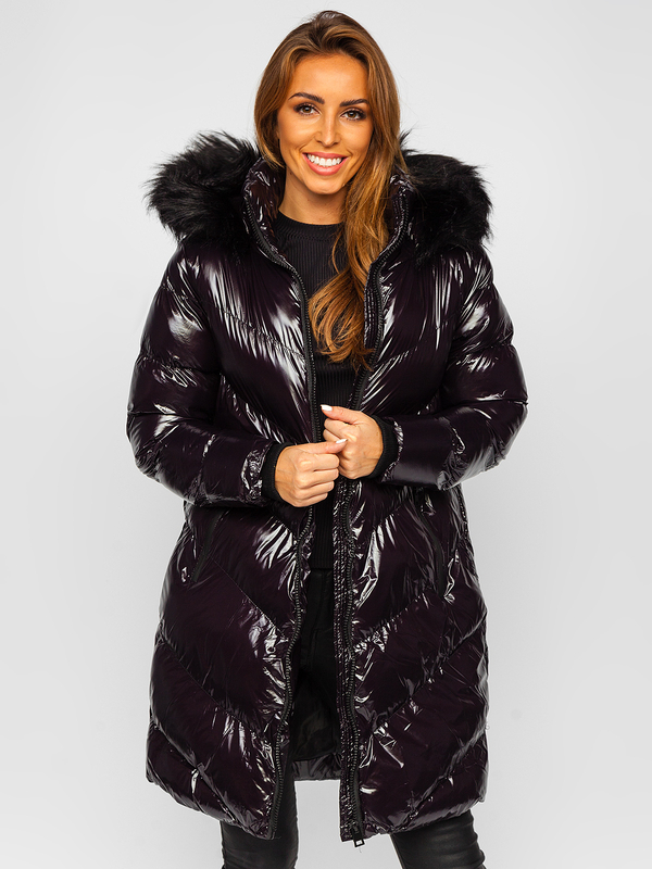 Czarna pikowana kurtka damska zimowa z kapturem Denley 23069