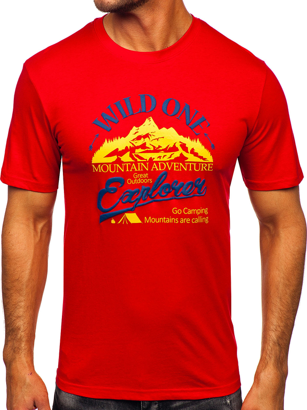 Červené pánske bavlnené tričko s potlačou Bolf MPO3484