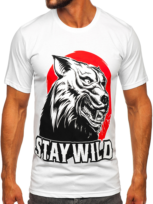 Biele pánske bavlnené tričko s potlačou Bolf 143021