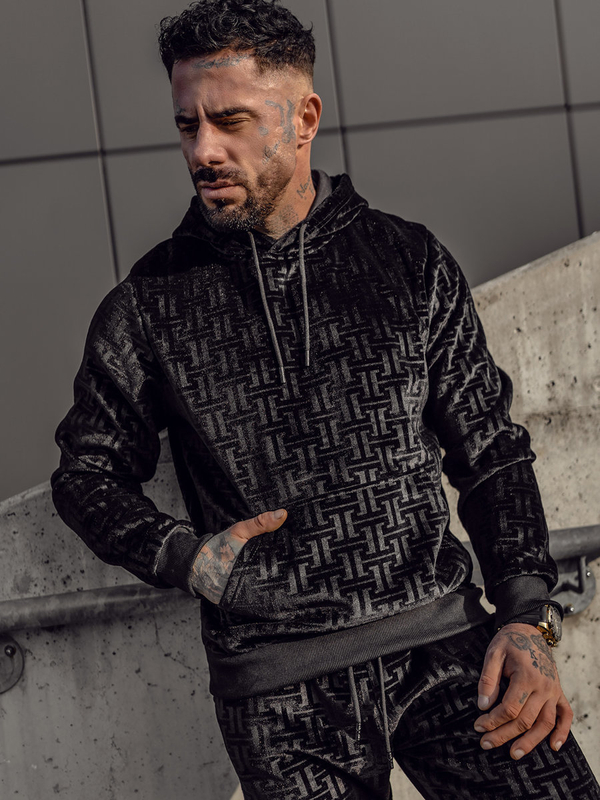 Čierna pánska velúrová tepláková súprava s kapucňou Bolf 3A81