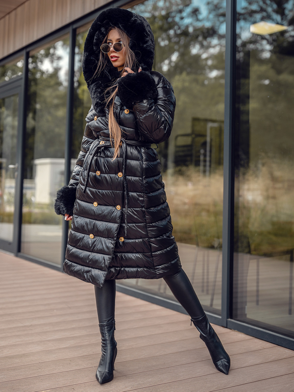 Čierna dámska dlhá prešívaná zimná bunda / kabát s kapucňou Bolf 5M3160