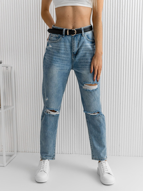 Modré dámske riflové nohavice mom fit strihu s opaskom Bolf DM321M