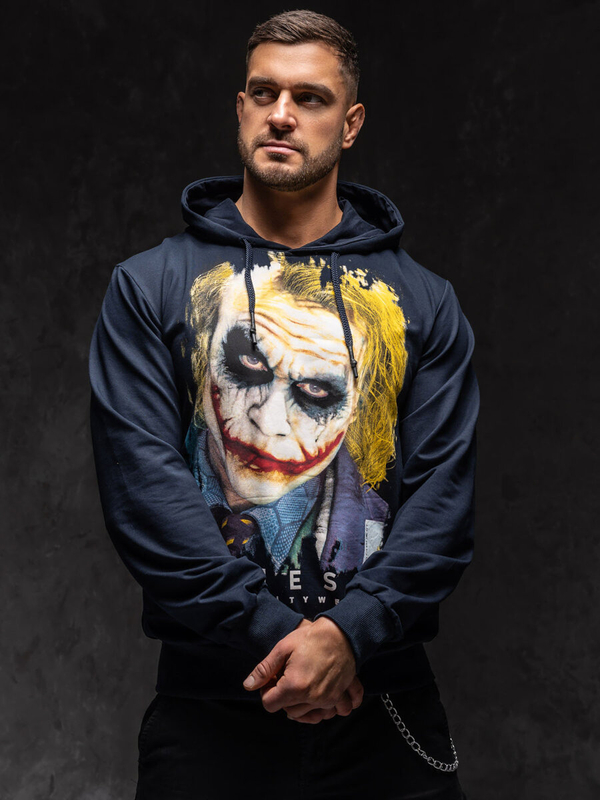 Tmavomodrá pánska mikina s kapucňou a potlačou Bolf 6146A1