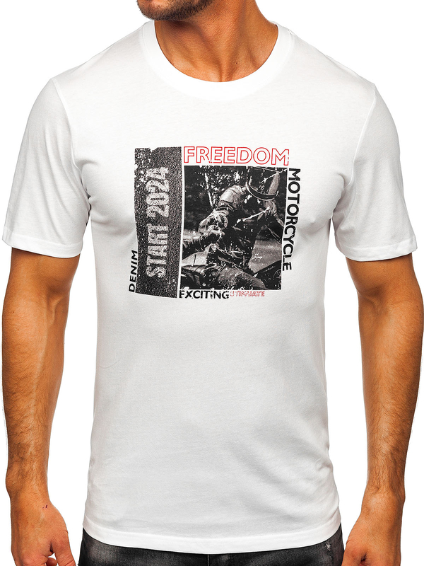 Biele pánske bavlnené tričko s potlačou Bolf MPO3475