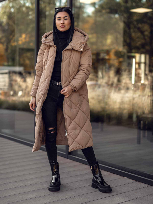 Dámska dlhá prešívaná zimná bunda / kabát s kapucňou vo farbe ťavej srsti Bolf 5M3173A