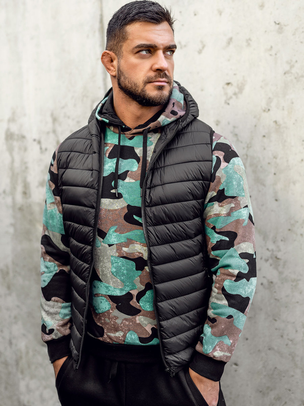 Čierna pánska prešívaná vesta s kapucňou Bolf 13072A