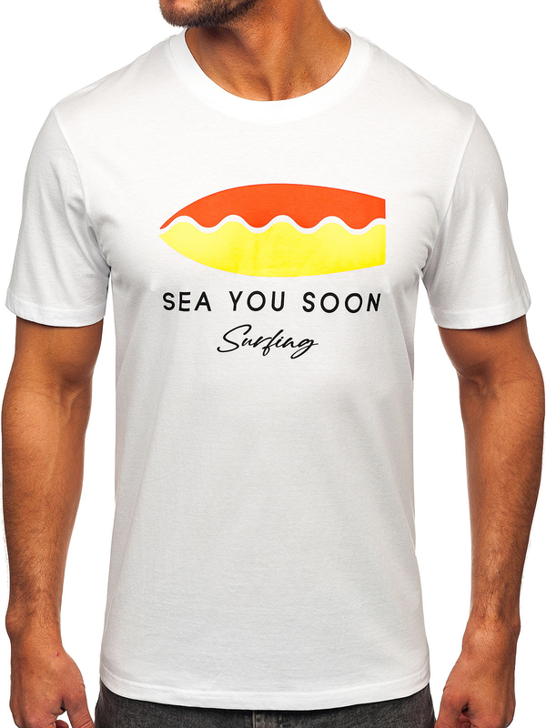 Biele pánske bavlnené tričko s potlačou Bolf MPO3457