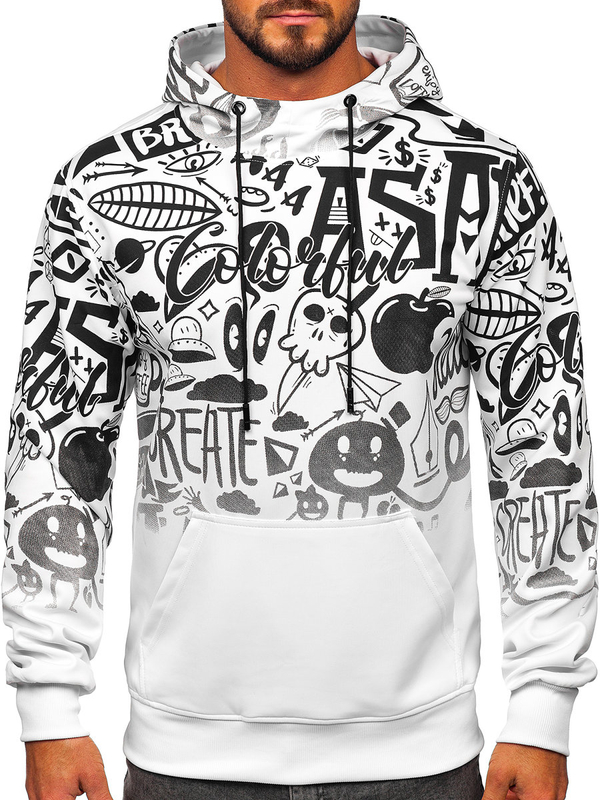 Biela pánska mikina s kapucňou, potlačou a klokaním vreckom Bolf 8B995