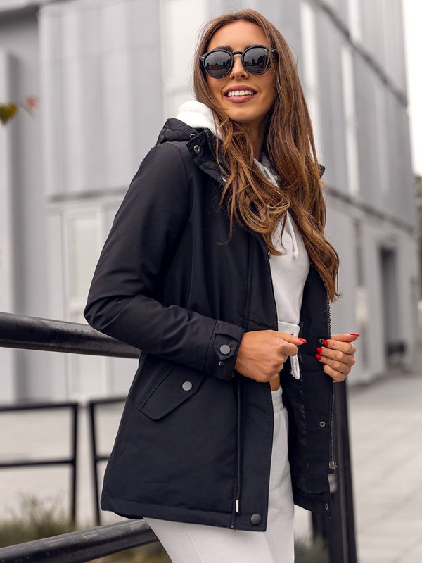 Čierna dámska prechodná bunda parka s kapucňou Bolf 7018A