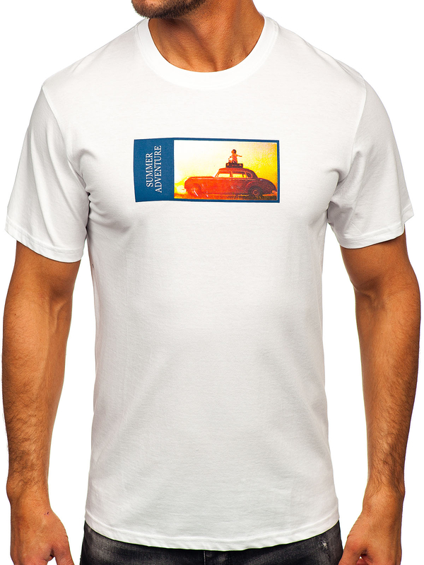 Biele pánske bavlnené tričko s potlačou Bolf MPO3559