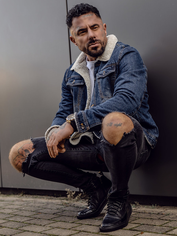 Tmavomodrá pánska zateplená rifľová bunda typu trucker s kožušinovým golierom Bolf 1155B