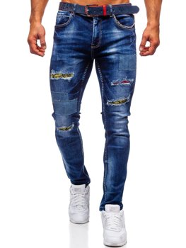 Tmavomodré pánske slim fit riflové nohavice s opaskom Bolf 80034W0